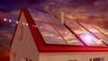 Solar panels installed on a roof, sunset sky. 3D rendering