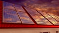 Solar panels installed on a roof, sunset sky. 3D rendering