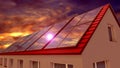 Solar panels installed on a roof, sunset sky. 3D rendering