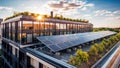 Solar panels installed on the roof of a modern office building. Photovoltaic modules for innovation green energy, generative ai Royalty Free Stock Photo