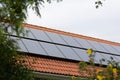 Solar panels installed on suburban house generating power during heat wave, aiding the green transition