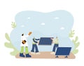 Solar panels installing. Field service technicians workers and manager building moduls. Renewable alternative electricity.