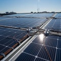 Solar panels with interconnected wires on a rooftop under a clear blue sky Royalty Free Stock Photo