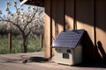 Solar panels powering wooden house or private cabin. AI generative, illustration generated by AI. Springtime, apple trees in bloom