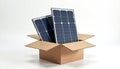 Solar panels packed in box on white backdrop. Cardboard container holds photovoltaic modules. Eco power solution delivery. Green Royalty Free Stock Photo