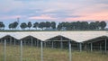 Solar panel field orange sunset sky Royalty Free Stock Photo
