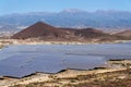 Solar panels at photovoltaics power station farm, future innovation energy concept, blue sky with Mount Teide in background