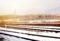 Solar panels beside railroad with snow on the way outlying district of Supporo city to Hakodate city