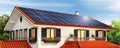 Solar panels on the red roof of a beautiful house and clear sky