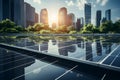 Solar panels on a roof in the city. Green rooftop garden with renewable solar cell system