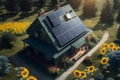 Solar panels on the roof of a country house surrounded by sunflowers. Generative AI illustration Royalty Free Stock Photo