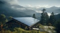 Solar panels on the roof of an energy efficient modern house, in a beautiful rural landscape with mountains. Generative AI Royalty Free Stock Photo