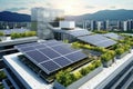 Solar panels on the roof of a modern building. 3d rendering, Tendency to take advantage of the free roofs of the industries to