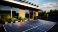 Solar panels on roof of a modern house, home solar electric system, renewable energy and green energy concept. Generative AI Royalty Free Stock Photo