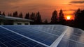 Solar panels rooftop with morning warm sunrise