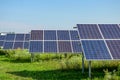 Solar panels rows above green grass under blue sky Royalty Free Stock Photo