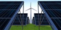 Solar panels in several rows on green grass. Behind the industrial wind generator. Advantages and disadvantages of different types