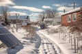 solar panels with snow partially cleared, contrasting areas