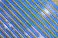 Solar panels with the sunny sky. Blue solar panels. background of photovoltaic modules for renewable energy. Aerial view of Solar