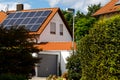 Solar panels on the tiled roof of a building on a bright sunny day. The concept of a good investment, a bargain, an overabundance Royalty Free Stock Photo