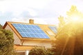 Solar panels on the tiled roof of the building in the sun Royalty Free Stock Photo