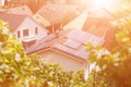 Solar panels on the tiled roof of the building in the sun. Top view through grape leaves. Image for illustration on energy, self-