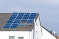 Solar panels on the tiled roof of a private house. Renewable clean green energy saving efficient photovoltaic solar panels on Royalty Free Stock Photo