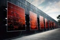 Solar panels on the wall of modern office building. 3D rendering, generative ai Royalty Free Stock Photo