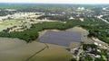 Solar panels on water in aerial view