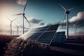 Solar panels and wind turbines. Alternative energy source.generative ai Royalty Free Stock Photo