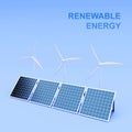 Solar panels and wind turbines on blue background. Alternative energy concept Royalty Free Stock Photo