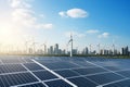 Solar panels and wind turbines in front of the city skyline in the background. By generate Ai Royalty Free Stock Photo