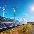 Solar panels and wind turbines generating electricity in power station green energy renewable Royalty Free Stock Photo