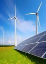 Solar panels and wind turbines in grassy field with sunlight - renewable energy concept. Generative AI Royalty Free Stock Photo