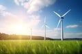 Solar panels and wind turbines in grassy field with sunlight - renewable energy concept. Generative AI Royalty Free Stock Photo