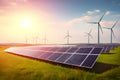 Solar panels and wind turbines in grassy field with sunlight - renewable energy concept. Generative AI Royalty Free Stock Photo