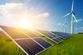 Solar panels and wind turbines in grassy field with sunlight - renewable energy concept. Generative AI Royalty Free Stock Photo