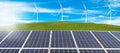 Solar panels wind turbines installed as renewable energy sources for electricity and power supply. Innovation and technology, envi Royalty Free Stock Photo