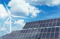 Solar panels wind turbines installed as renewable energy sources for electricity and power supply. Innovation and technology, envi