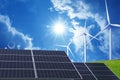 Solar panels and wind turbines installed. Alternative energy source Royalty Free Stock Photo