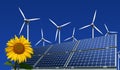 Solar panels, wind turbines and sunflower