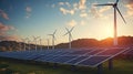 Solar panels and wind turbines with sunrise. Generative AI Royalty Free Stock Photo