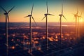 Solar panels and Wind Turbines at sunset. Alternative energy. Green energy. Generative AI Royalty Free Stock Photo