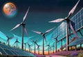 Solar panels and wind turbines at sunset. Alternative energy source concept., generative ai Royalty Free Stock Photo