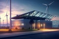 Solar panels and wind turbines at sunset. Renewable energy concept. 3D Rendering Royalty Free Stock Photo