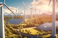 Solar panels and wind turbines at sunset. Renewable energy concept. 3D Rendering Royalty Free Stock Photo