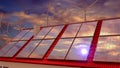 Solar Panels, Wind Turbines, Sunset Sky. 3D Rendering