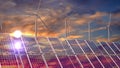 Solar Panels, Wind Turbines, Sunset Sky. 3D Rendering