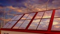 Solar panels, wind turbines, sunset sky. 3D rendering Royalty Free Stock Photo