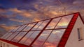 Solar panels, wind turbines, sunset sky. 3D rendering Royalty Free Stock Photo